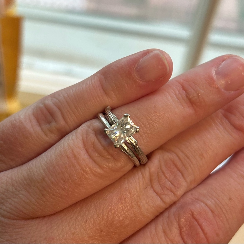 Kristin Coffin radiant cut Moissanite engagement ring